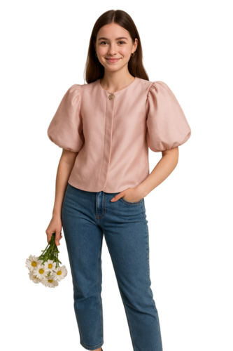 Women Satin Pink Short Top - Design: Puff Sleeves