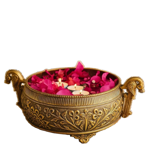 Ritualistic Peacock Brass Urli For Flower Decoration - Color: Gold