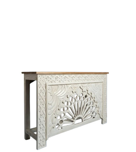 Handcrafted Antique White Wooden Console Table With Intricate Carving - Artwork: Handmade