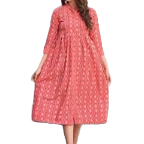 Cotton Formal Wear Ladies One Piece Dress - Cotton 3/4th Printed Sleeves | Modern Casual Customized Size All Season