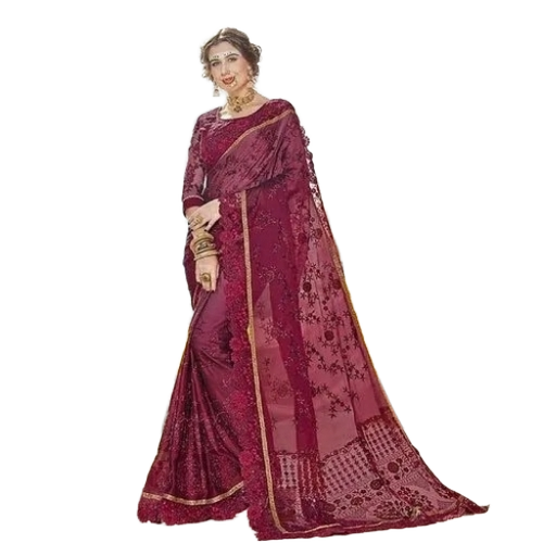 Net Embroidery Saree - Net Fabric 6.5 Meter, Multicolor | Resam Embroidery, Printed Cotton Blend