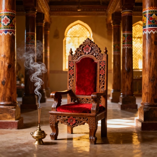 Premium Teak Wood Guru Ji Chair With Canopy - 5.5 ft Height, Golden, Gold Polished | Eco-Friendly, Termite Proof, Cushioned Seat