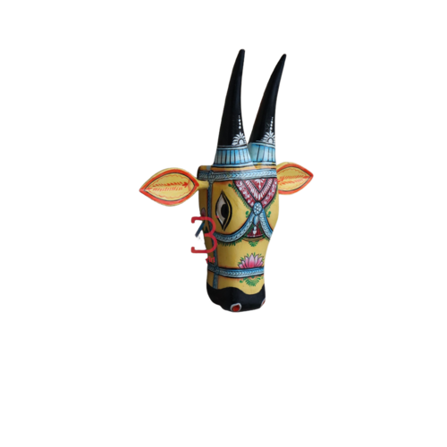 Kb Art 11 Inch Wooden Handpainted Cow Head Wall Hanging - Color: Yellow