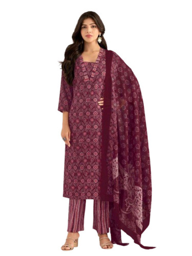 Ladies Designer Cotton Suit - Color: Maroon