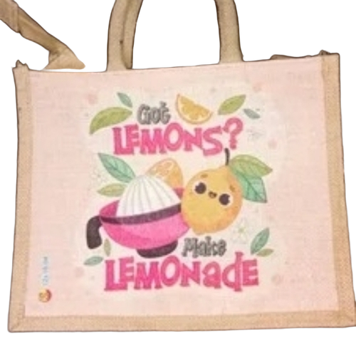 Jute Bag - Cotton, 5 Kgs Capacity, White, Printed Pattern, D Shape Handle | Customizable Color, Design, Size, Weight, Good Quality