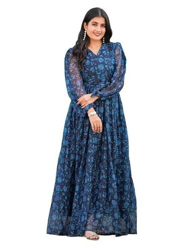 Ladies Round Neck Western Dresses - Color: Blue