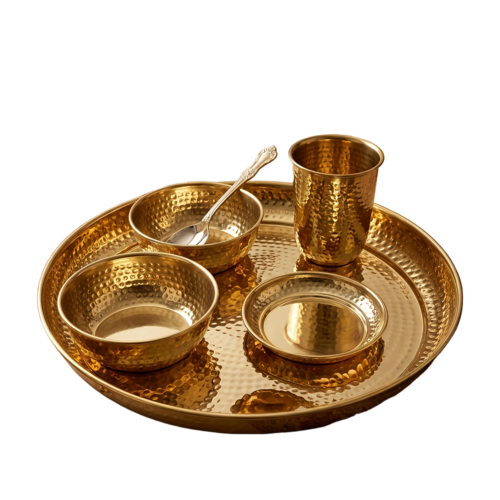 Premium Brass Hammered Thali Set Of 6 Pcs - Color: Golden