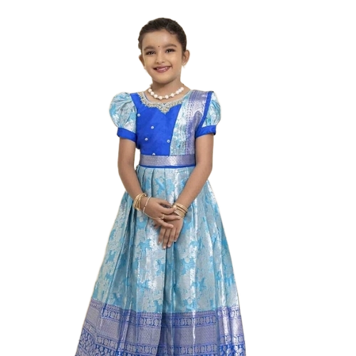 Blue And Silver Traditional Pattu Pavadai Frock