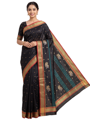 Poly Silk Saree With Peacock Embroidery And Red Gold Zari Border For Festive Wear Wholesale