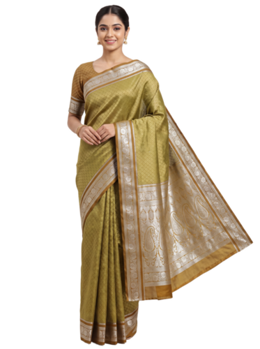 Satin Jacquard Saree With Silver Zari Border And Contrast Blouse Piece - Color: Multiple Colors Available