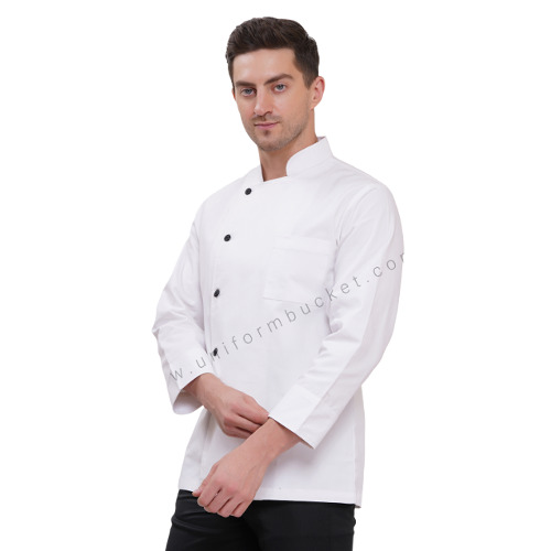 White Full Sleeve Chef Coat Male With Black Buttons - Fabric Type: Viscose