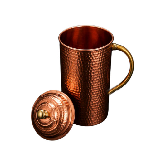 Hammered Copper Water Jug 1250 ml with Brass Handle and Lid Premium Copper Water Pitcher