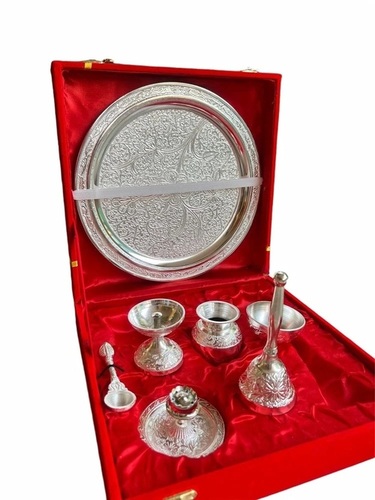 German Silver Peacock Diya Thali Set With Mirror Tray