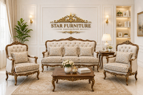 5 Seater Cream Teak Wood Sofa Set - Assembly: No Assembly Required