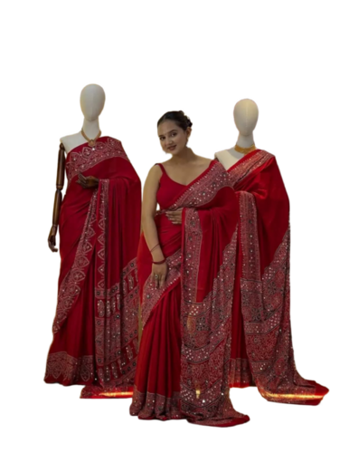 Red Mirror Work Saree