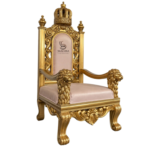 Wooden Royal Throne Chair with Crown and Lion