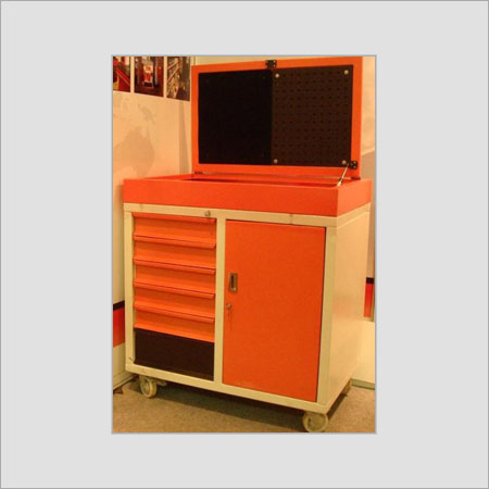 Tool Trolley - Tubular Frame 60x60mm, 80 Micron Powder Coated Finish, Durable 16-20 Gauge Steel, Central Locking System, Openable Tool Board Door
