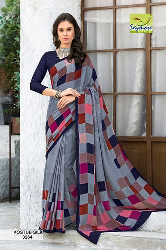 Grey Designer Printed Crepe Sarees For Ladies