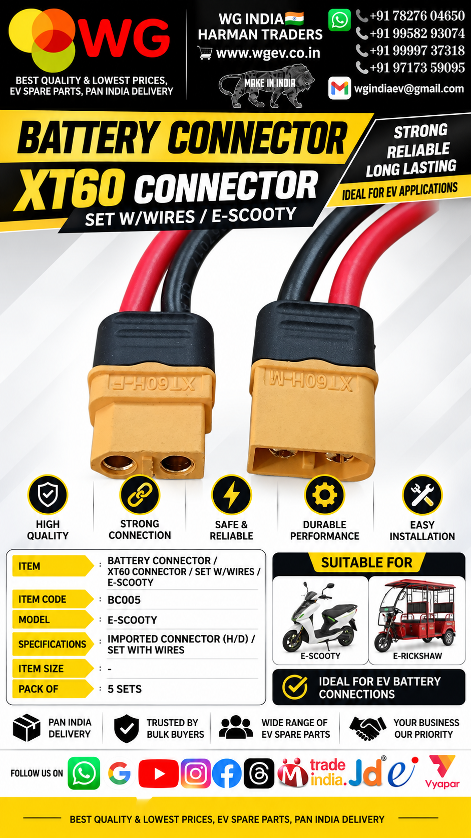 E-Scooty Xt60 Battery Connector Set W/Wires - Application: Electric Two Wheeler