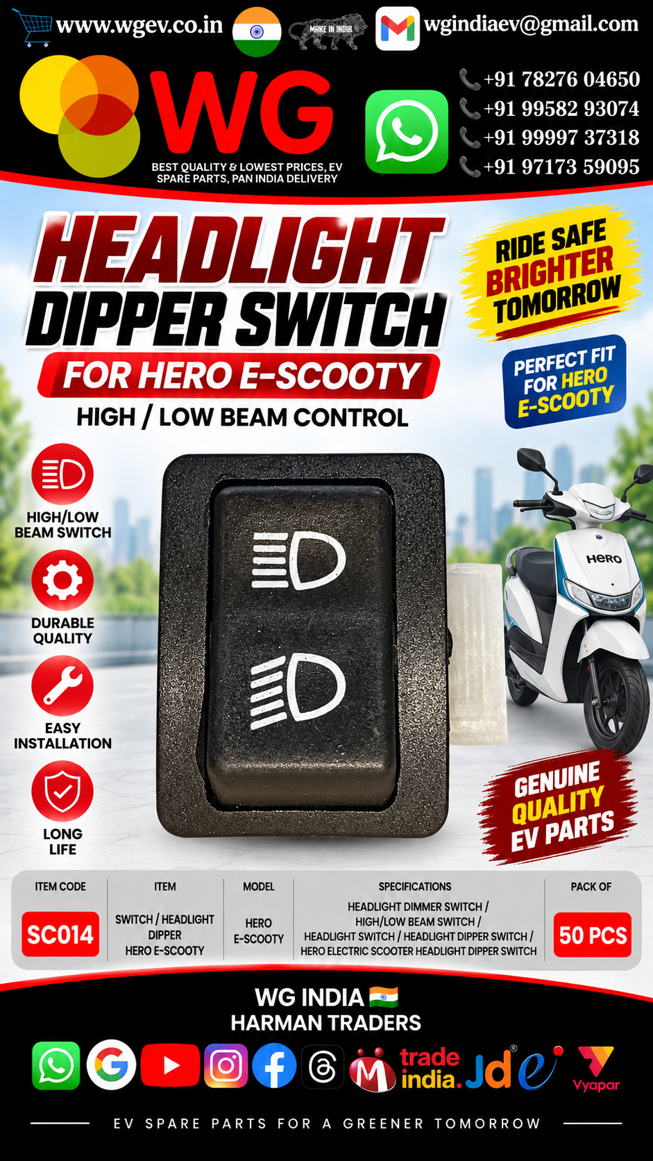 Hero E-Scooty Headlight Dipper Switch - Features: Durable