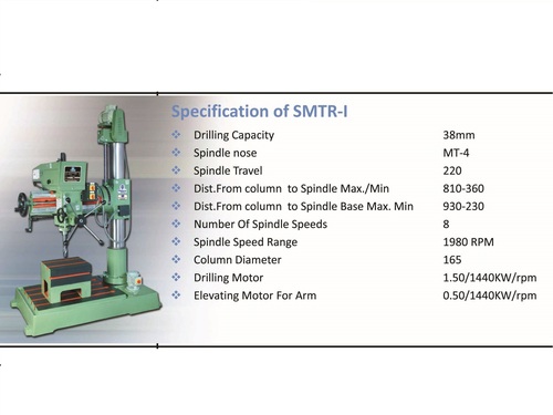 Fine Feed Radial Drilling Machine - 38mm Capacity, MT-4 Spindle Nose, 1.5/0.5 Hp Motors, 220mm Spindle Travel, 62-1980 RPM Range, Durable Design, Efficient Operation, Heavy-Duty Performance