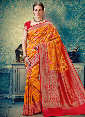 Meghdoot Mustard And Red Colour Kanchipuram Spun Silk Saree