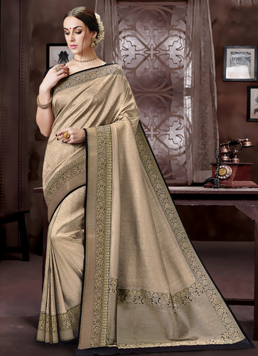 मेघदूत डिजाइनर ग्रे और काले रंग की कांचीपुरम स्पून सिल्क बुनी हुई साड़ी