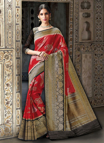 Meghdoot Traditional Red and Black Colour Kanchipuram Spun Silk Woven Saree