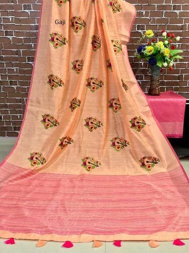 Saree Gaji Pure Linen Thread Embroidered Work Sari