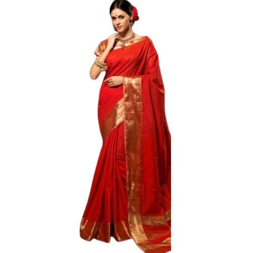 Red Tussar Silk Saree With Blouse - Pattern: Woven