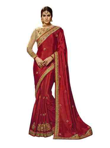 Party Wear Embroidered Saree - Chiffon Fabric, Red and Beige Colors | Skin Friendly, High Shrink Resistivity, Comfortable, Anti-Wrinkle, Bollywood Style with Thread Work