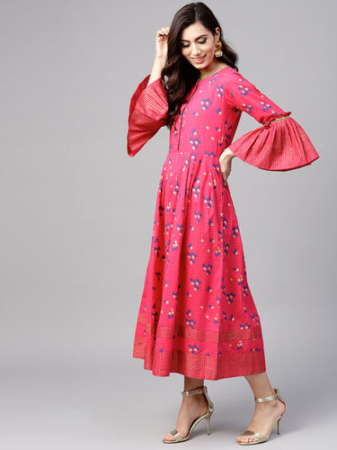 Women Pink And Blue Printed Maxi Dress