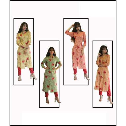 Fabclub Cotton Floral Printed Straight Kurti - 46 Inch Length, Bust Size 38 To 44 Inch | Breathable, Anti-wrinkle, 3-4th Sleeve, Ethnic Style
