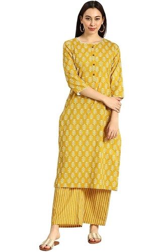 Salwar Suits Party Wear Yellow Colour Cotton Printed Kurta With Palazzo Set For Ladies