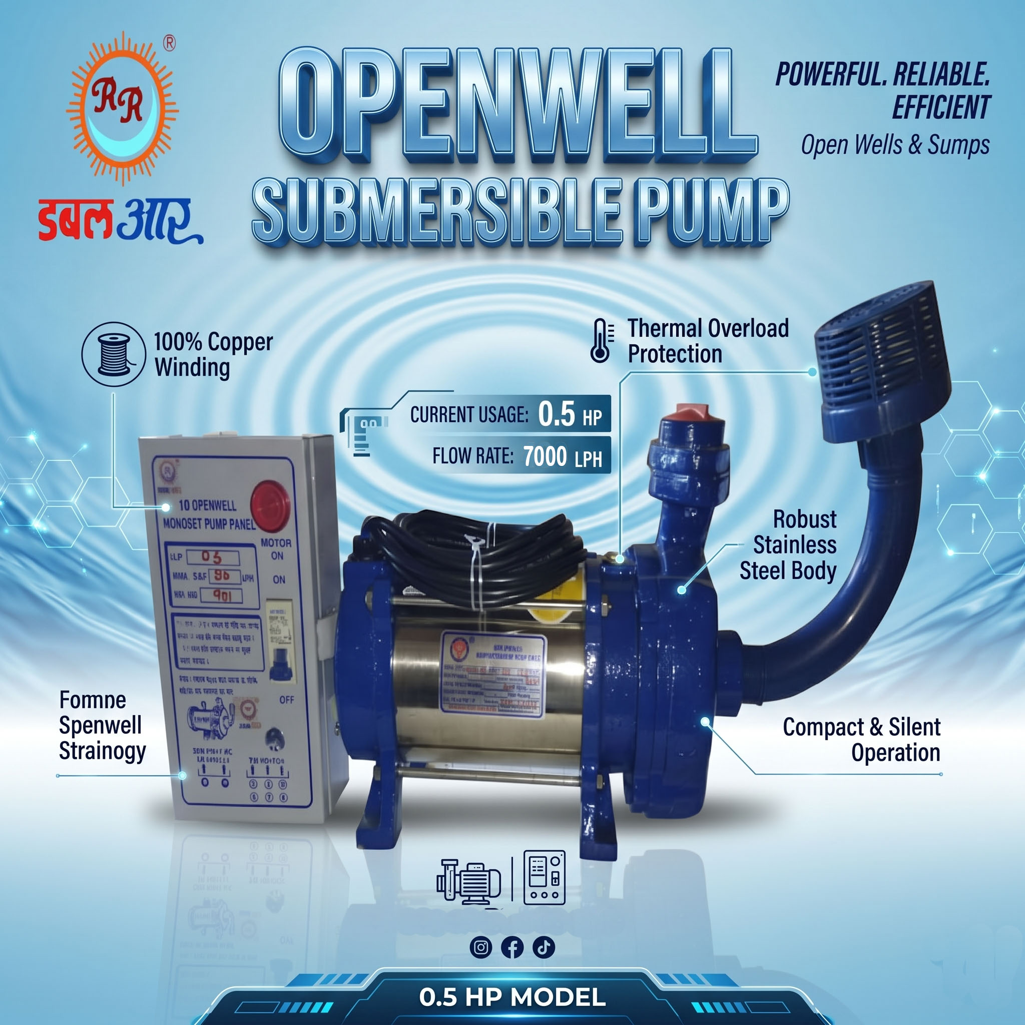 Submersible Mono Set Pump - 25x25mm Pump Size, 0.5HP Power | Mild Steel, Multi Color, 1 Inch Discharge Outlet