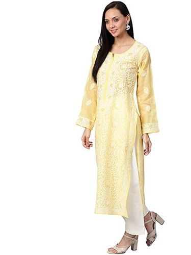 Light Blue Women Full Sleeves Breathable Chikan Beautiful Short Kurti For Regular Fit