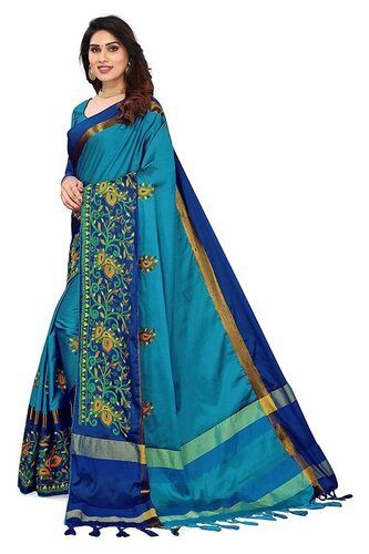 Blue Beautiful Embroidered Designed Soft Silky Cotton Silk Saree