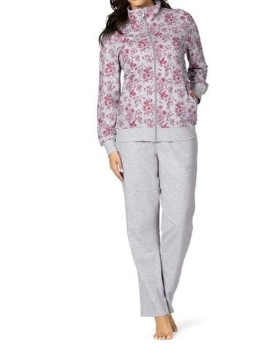 Printed Gray And Pink Full Sleeve Cotton Night Suits For Women