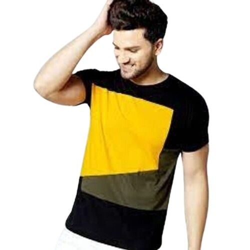 Mens Black And Yellow Cotton Round Neck T Shirt