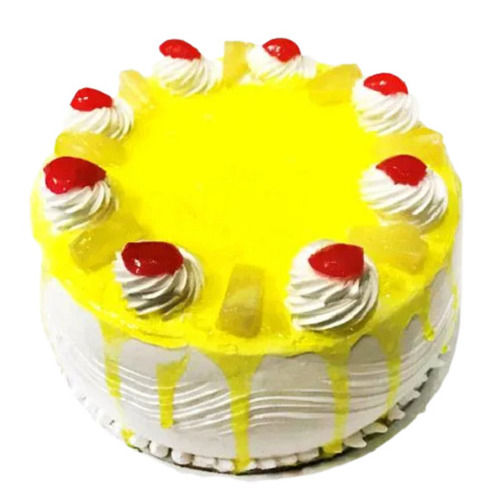 Pineapple And Cream Flavor Cake Topped With Wafers And Cherries For Birthday, 1 Kg  Fat Contains (%): 20 Grams (G)