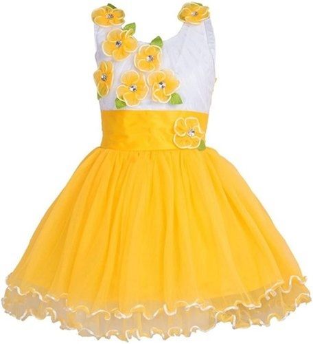  Breathable And Comfortable Short Sleeve Round Neck Yellow White Frock For Girl  Age Group: 2-5