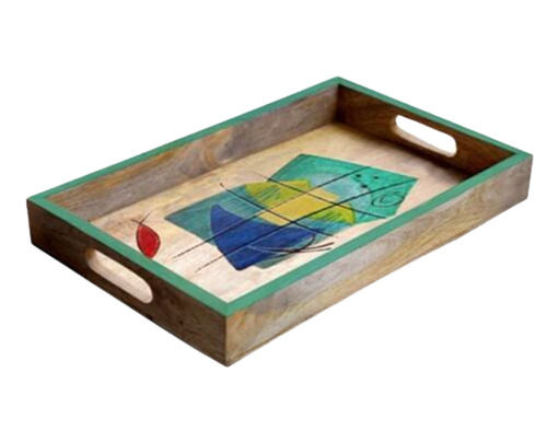 Multi Color 44.5X30.5X4.5 Centimeters Rectangular Paint Coated Wooden Serving Tray