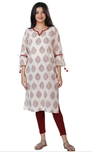 Washable And Comfortable Casual Wear Block Printed Cotton Silk Kurti For Ladies  Bust Size: 32 Inch (In)