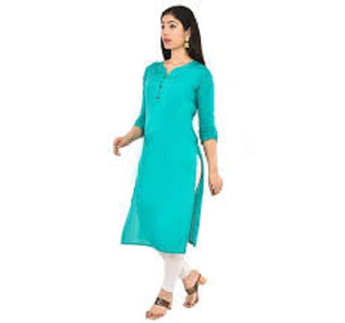 Blue Cotton-Silk Kurti - 40 cm Length 3/4 Sleeves V-Neckline | Breathable Washable Casual Ethnic Style for Ladies