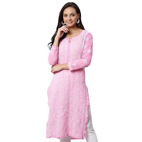 3/4th Sleeves Embroidered Round Neck Georgette Fabric Ladies Kurti 