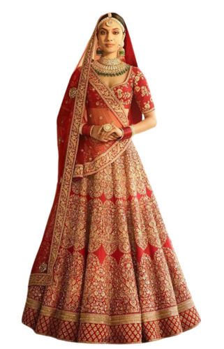 Red Stone Work And Embroidered Georgette Designer Lehenga Choli With Dupatta