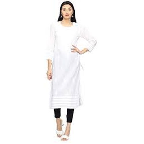 Solid Cotton Kurti Ankel Length Straight 3/4 Sleeve Thread Work Embroidery White Kurti Bust Size: 36  Centimeter (Cm)