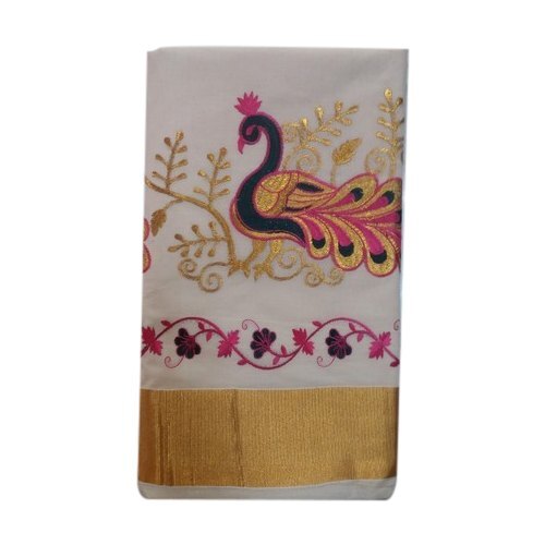 कॉटन सिल्क सुंदर स्टाइलिश सांस लेने योग्य डिज़ाइनर वियर आधुनिक और ट्रेंडी मायोगा कढ़ाई वाली केरल सेट मुंडू साड़ी