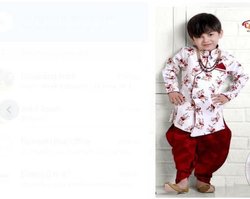 Washable White And Maroon Printed Full Sleeve Kids Kurta Pajama