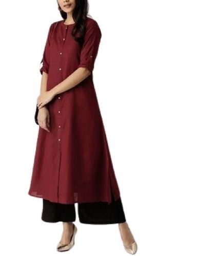 Crepe 32 Inch Long Ladies Plain 3-4 Sleeves Front Cut Casual Wear Modern Maroon Cotton Kurtis